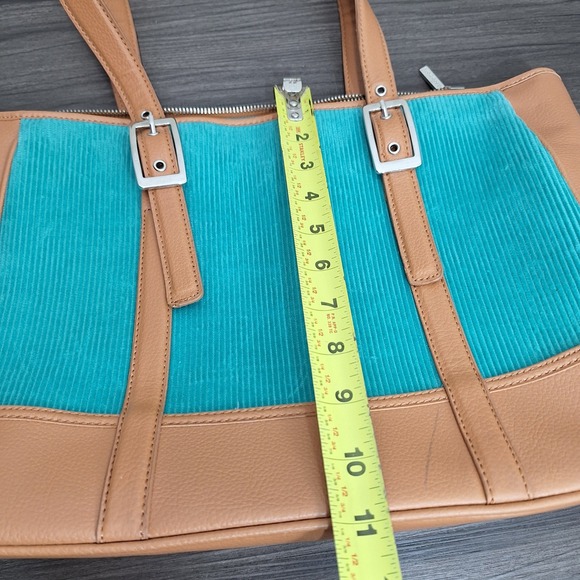 Bath & Body Works Teal Corduroy Tan Faux Leather Tote Shoulder Bag Buckle Accent - Picture 14 of 15
